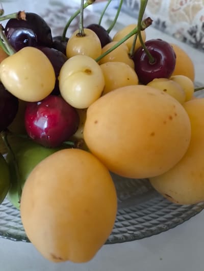 A close-up shot features a shallow, clear glass dish filled with a variety of fruits, including yellow cherries, dark red cherries, and yellow plums or apricots. The fruits are clustered together, with some stems still attached to the cherries. The glass dish has a diamond-patterned rim. The background is blurred but appears to be an indoor setting, possibly a table with a patterned surface. There is no indication of the city of Alagyaz, Armenia, in the image.