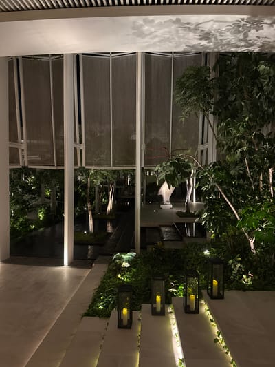 This media file captures an elegant evening scene, likely within a luxury resort or private residence in El Caracol, Mexico. The image, if correctly oriented, shows an interior or covered walkway on the left, leading to an open-air garden or courtyard on the right.
In the foreground and left side, clean white architectural structures are prominent, featuring a white wall with a slatted or paneled section. Distinct shadows of leaves are cast onto this white surface, suggesting light from an unseen source. Large glass panels or windows separate this area from the garden beyond.
The central and right portions of the image showcase a lush, illuminated garden space. Dense green foliage and tree branches fill the view, indicating a tropical or subtropical environment. A notable white, ridged decorative sculpture, possibly abstract or representing a marine creature, stands among the plants. In the mid-ground, a dark, reflective surface, likely a decorative pool or water feature, runs horizontally, mirroring the subtle lights and surrounding greenery.
On the far right, a textured wall is adorned with creeping vines and several contemporary black lanterns, each housing a warm, glowing candle-like light. These lights contribute to the serene and inviting ambiance. The overall impression is one of tranquility and refined design, blending modern architecture with natural elements.
The time of day is clearly night or late evening, as evidenced by the darkness and the reliance on artificial lighting to illuminate the plants and architectural features. No people are visible, and there is no discernible activity taking place. No explicit text is visible in the frame.