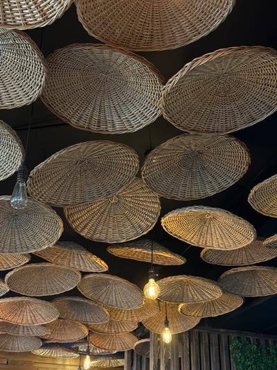 The image shows a ceiling decorated with numerous woven wicker baskets, arranged at various angles and heights. Some of the baskets are illuminated by exposed light bulbs hanging from cords. The overall impression is of a rustic or bohemian interior design. The location is stated as Молодёжный, Russia, though there are no visual cues within the image to confirm this specific location. There are no people visible in the image.