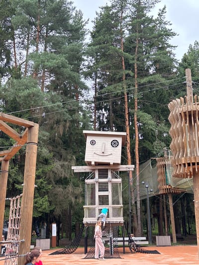 The image depicts an outdoor adventure park in Pavlovskaya Sloboda, Russia, filled with wooden structures and lush forest surroundings. In the foreground, two young girls are visible, one with her back to the camera and another looking to the left, wearing a red top. To their right, a woman in a light pink tracksuit stands near a climbing structure. A young child, wearing a blue shirt, is ascending the stairs of a wooden tower adorned with a cartoonish face.
The park features various elements designed for adventure and play, including rope nets, wooden walkways, and tall pine trees that form a dense canopy overhead. The ground is covered in a reddish-orange surface, typical of sports or play areas. Several wooden structures, including towers and bridges, are interconnected, suggesting a complex obstacle course. A signpost with text is also visible in the background, adding to the sense of a public recreational space. The overall atmosphere is one of an active and engaging outdoor environment, set against the backdrop of a natural forest landscape.