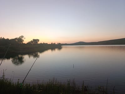 The image depicts a tranquil lake at dawn or dusk, with a serene sky transitioning from a pale blue to soft hues of orange and pink. The water's surface is calm, reflecting the surrounding landscape and the warm glow of the sky. On the left side of the foreground, the silhouettes of two fishing rods are visible, angled towards the water, suggesting recreational activity. Tall grasses and vegetation line the bank in the immediate foreground. Across the lake, a distant treeline and rolling hills form the horizon, with the faint outline of a larger hill or mountain visible on the far right. The overall atmosphere is peaceful and natural. The location is not specified as Yaroslavsky, Russia.