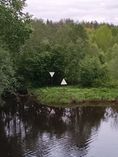 The image depicts a water body (likely a river or lake) with dense green vegetation on the opposite bank. Two triangular white signs are visible on the bank, one pointing up and the other pointing down. The signs are positioned on posts. The water surface reflects the trees and signs, creating a mirrored effect. The background shows a forest. The location is potentially Volokov Most, Russia, based on the prompt.