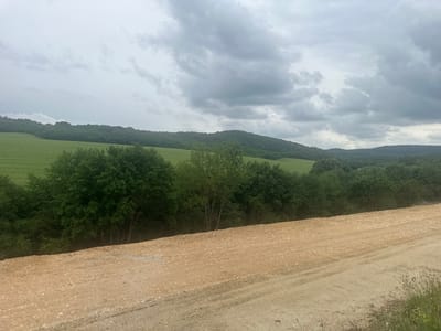 The image depicts a rural landscape under a cloudy sky. In the foreground, there is a dirt road or construction site with visible tire tracks. A line of trees separates the road from a green field in the mid-ground, which stretches towards a wooded hillside. In the distance, there is a range of hills. The location is identified as near Tatabánya, Hungary. No people or animals are visible.