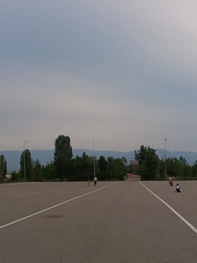 An asphalt parking lot is depicted with two white lines. The lot stretches towards a line of trees and distant blue mountains under a hazy, pale sky. Two individuals are walking on the far right side of the lot. In the mid-ground, two children are riding what appear to be scooters or similar wheeled devices. One child is wearing a blue shirt and dark shorts, and the other is wearing a white shirt and dark pants. A third child, in the middle distance, is also on a wheeled device, wearing a light-colored shirt and dark shorts. The environment suggests an outdoor recreational area or an open space near a town or village.