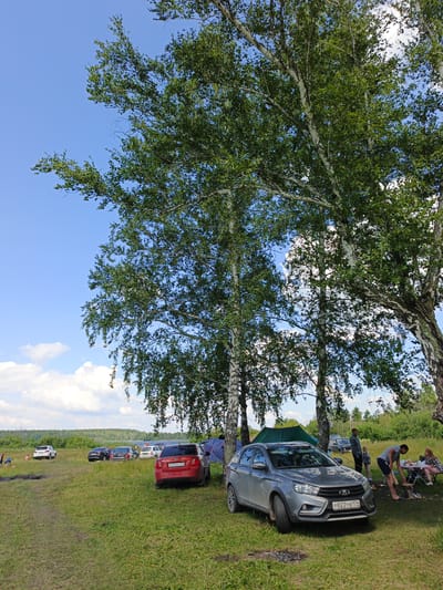 The image depicts a sunny day at a lakeside campground near Sarafanovo, Russia. Several vehicles, including a red sedan, a grey hatchback, and other cars, are parked on a grassy area. People are visible in the scene, with some standing near the cars and others sitting at a picnic table. Tents are set up in the background, suggesting an overnight stay. The environment is characterized by lush green grass, numerous birch trees providing shade, and a clear blue sky with scattered clouds. In the distance, a body of water, likely a lake, is visible, bordered by a treeline.