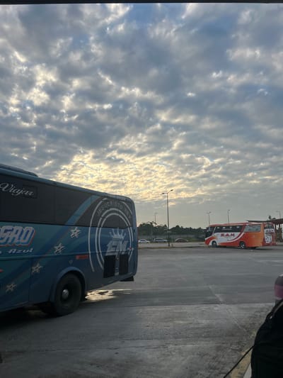 The scene depicts an outdoor paved area, likely a bus terminal or parking lot, located in Milagro, Ecuador, as indicated by "MILAGRO" branding on a prominent vehicle. The sky is largely covered by stratocumulus or altocumulus clouds, displaying a mix of white and grey tones with brighter areas indicating diffuse sunlight, suggesting either early morning or late afternoon.

In the left midground, a dark blue passenger bus is parked, facing away from the viewer. Its side features the text "VIAJAR," a large "MILAGRO" logo, and "Azul." The rear side of the bus prominently displays a circular emblem with a crown, the letters "EM," and the text "JESUCRISTO REY." The identification number "1BN-0020" is visible above this emblem. Multiple white star decals adorn the lower side of the bus. A dark-colored wheel is visible, and a small puddle or wet patch is present on the asphalt directly behind the bus's rear.

In the right midground, further from the viewer, a second passenger bus, orange and white in color, is parked. It bears the letters "S.A.N." on its side.

The background consists of a flat, grey asphalt surface extending towards a distant horizon. Several tall streetlights with multiple lamp heads are spaced across the area. A line of green trees and vegetation is visible on the horizon, behind which a few indistinct vehicles (cars) are parked or driving.

In the immediate foreground, a partial view of a dark-clad object or person is visible on the bottom right, showing a pink strap and a black cable or cord extending from it. No explicit actions or interactions are discernible.