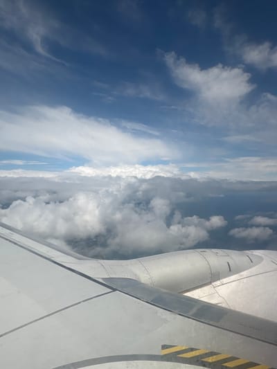 This media file is a photograph taken from inside an airplane window, looking out at a sky filled with clouds. The perspective is tilted, suggesting the airplane is in motion. The primary subjects are the clouds, which vary in density and form, ranging from wispy streaks against a deep blue sky to large, dense formations that obscure the view below.
In the foreground, a portion of the airplane's wing and engine nacelle is visible. The wing is a light gray color with visible panel lines and rivets. A section of the engine nacelle, a lighter metallic color, also shows similar construction details. A warning stripe, consisting of alternating yellow and black diagonal stripes, is visible on the edge of the wing, indicating a potentially hazardous area.
The scene is set in the sky, likely at a high altitude, as indicated by the cloud formations and the airplane structure. The time of day appears to be daytime, given the bright illumination of the clouds and sky. The weather is cloudy, with a mix of clear blue sky and dense cloud cover. There are no people visible in the image. No specific location cues beyond the airplane itself are discernible, although the prompt suggests a context of Bray, Ireland. There is no visible text other than the "NO STEP" warning on the wing. The overall impression is one of travel and the vastness of the sky.