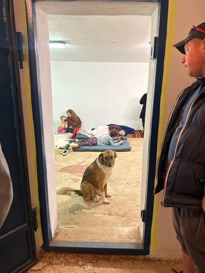 The image depicts an interior scene in Beit Yitshak Sha'ar Hefer, Israel, viewed through an open doorway. The doorway features a dark blue frame with a yellow stripe on its outer edge and a portion of a dark blue door on the left.
Inside the brightly lit room, which has white walls and a light-colored concrete floor, several individuals are present. On the left, a woman with curly brown hair, wearing a brown top, sits on the floor next to a young girl in pink patterned pajamas. The girl is holding and looking at a smartphone. Further into the room, two individuals are resting on blue air mattresses. One person, largely covered by a light-colored blanket, lies on their back. Adjacent to them, a child in grey and red patterned pajamas lies on their stomach, looking at a tablet or phone. Another person is partially visible behind this child, also on a blue mattress. A pair of white slippers rests on the floor near the mattresses. In the background, a person in dark clothing stands or sits against the far wall.
In the immediate foreground, centered in the doorway, a medium-sized brown and white dog sits on the concrete floor, looking directly forward. On the far right, partially visible from the chest down, a man wearing a dark baseball cap, a dark blue vest over a light blue shirt, and grey shorts or pants, observes the scene within the room. The room appears to be a functional, minimally furnished space, likely serving as a temporary shelter or accommodation.