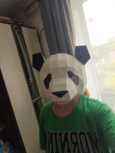 A person wearing a polygonal panda mask and a green t-shirt stands in front of a window. The mask is made of white and black paper, with black eye patches and ears. The t-shirt has a white and black graphic design on it, but the text is reversed due to the image being a mirror reflection. In the background, a grey curtain is visible on the left side of the window, and outside the window, greenery and a building can be seen. The room appears to be dimly lit, with light coming from the window.
