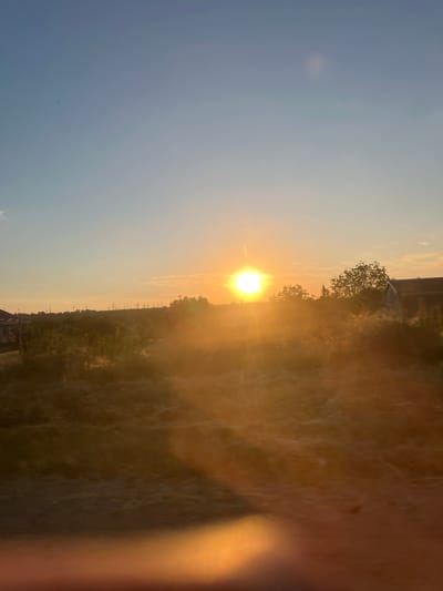 The image depicts a sunset over a rural landscape, likely in Suklieia, Moldova. The sun, a bright, intense orb, is low in the sky, casting a warm, golden light across the scene. The sky transitions from a clear blue at the top to hues of orange and yellow near the horizon, indicating the sun is setting.
In the foreground, there is a field of tall, dry grass, illuminated by the sunlight. The light creates long shadows and a hazy, ethereal glow over the vegetation. In the mid-ground, there are scattered trees and bushes, some of which are silhouetted against the bright sky. A few power lines and pylons are visible in the distance, suggesting the presence of infrastructure in the area.
On the left side of the image, a dark, angular structure, possibly a building or a fence, is partially visible. On the right, another structure, appearing to be a small house or shed with a dark roof, is present. The overall impression is one of a peaceful, natural environment bathed in the soft light of sunset. There are no people or animals visible in the frame. The atmosphere is serene and quiet, evoking a sense of calm and natural beauty.