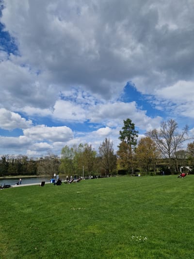 The image depicts a park scene in Rheinfelden, Switzerland. A large, green lawn occupies the right side of the frame, dotted with small clusters of white flowers. Along the edge of the lawn, closest to the middle of the image, a line of trees and foliage separates the lawn from a body of water. Individuals can be seen scattered along the park edge, some appearing to be seated and others standing or walking. The sky, taking up the left side of the image, is filled with a mix of white and gray clouds against patches of blue sky.