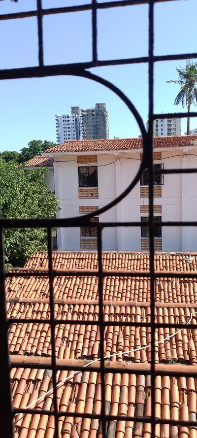 The image presents an exterior view of an urban landscape in Tudor ward, Kenya, framed by dark, grid-patterned metal security bars from a foreground structure. The lower and central portions of the scene are dominated by a terracotta-tiled roof, featuring numerous reddish-brown barrel or mission style tiles. A white cable or pipe traverses these tiles diagonally from the lower-left to the mid-right.
Above this roof, a white, multi-story building with its own similar terracotta-tiled roof is visible. This building features multiple dark-framed windows, some partially open, and distinctive rectangular, light-colored ventilation blocks or decorative elements positioned beneath and beside the windows. A dense green tree partially obscures the left side of this white building.
In the background, against a clear light blue sky, several taller, modern multi-story buildings are visible. Two prominent structures appear to be under construction or newly built; one is predominantly white, while the other exhibits a gray facade, possibly with visible structural elements or scaffolding. A third, partially visible building, also multi-story, is located on the far right. A tall palm tree stands on the right side of the background, extending above the distant buildings. No individuals are visible in the scene.