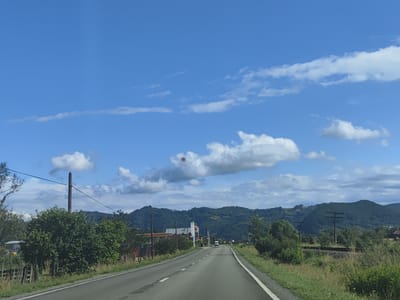 A view from a vehicle traveling down a paved road in Petrova, Romania, shows a rural landscape with rolling, tree-covered hills under a bright blue sky with scattered white clouds. The road is bordered by grassy shoulders and occasional vegetation, including trees and bushes. On the left side of the road, there are wooden fences, a wooden pole with wires, and buildings that appear to be part of a small commercial area, possibly including a gas station. On the right side of the road, there are more trees, a grassy field, and what appears to be a railway line with wooden utility poles. A white van is visible in the distance on the road.