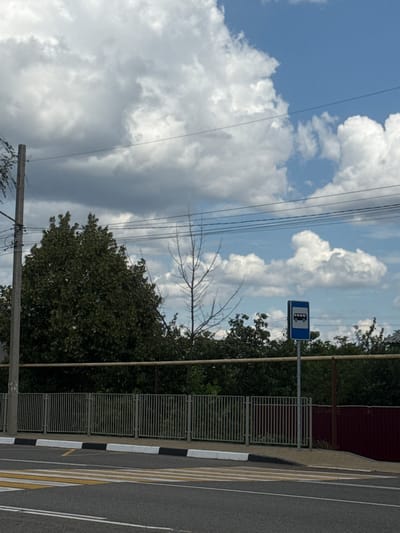 In Shulhynka, Ukraine, a street scene unfolds under a sky dotted with white, fluffy clouds against a blue backdrop. A paved road dominates the foreground, marked with a yellow and white striped crosswalk. Beyond the crosswalk, a metal fence runs horizontally, separating the road from a grassy area with a beige sidewalk.
To the left of the fence, a tall, grey utility pole stands, its wires stretching across the frame. Behind the fence, dense green trees form a thick backdrop. A bare tree with intricate branches is visible between the utility pole and the bus stop sign.
A blue bus stop sign, featuring a white silhouette of a bus, is prominently placed on a metal pole. To the right of the bus stop sign, a dark red metal fence borders the property. The overall environment suggests a typical urban or semi-urban setting on a bright day.