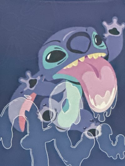 The image displays a stylized illustration of Stitch, a character from Disney's Lilo & Stitch franchise, against a dark blue, textured background. Stitch is depicted with its tongue fully extended, dripping with a white substance. The character's body is purple, with turquoise accents around its eyes and ears. Multiple translucent, outlined shapes resembling Stitch's limbs or body parts are overlaid on the main illustration, some containing pastel colors like pink and light green. The overall style is cartoonish and energetic. There is no information in the image to suggest any location in Edmonton, Canada.