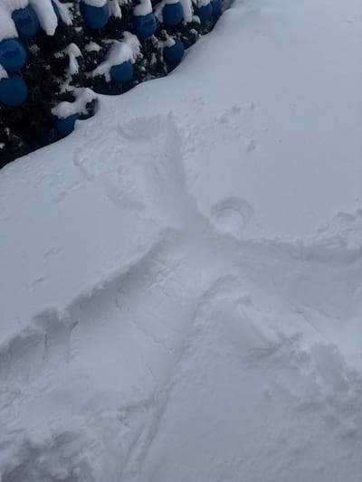 The image displays an outdoor scene in Yeghipatrush, Armenia, characterized by extensive snow cover under diffuse lighting. In the foreground, a distinct snow angel impression is visible in the deep, undisturbed snow, outlining a human form with outstretched arms and legs, and a circular indentation consistent with a head. To the upper left, a section of a snow-laden, dark green coniferous tree is partially visible, adorned with multiple large, spherical, blue ornaments. No individuals are present in the frame; however, the snow angel indicates prior human interaction with the environment.