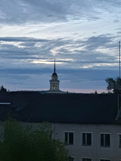 The image captures a dusk or dawn scene in Selizharovo, Russia. In the background, a church bell tower with a cross on top stands against a cloudy sky transitioning from blue to pink. The tower appears to be illuminated. In the middle ground, a dark-tiled roofline of buildings is visible, with the silhouette of a treeline separating it from the sky. The foreground features a light-colored brick building with several dark-paned windows. Lush green foliage is present in the lower left portion of the frame. A tall, thin antenna or lightning rod extends vertically on the right side of the image. The overall impression is one of a quiet, possibly rural or small-town setting at twilight.