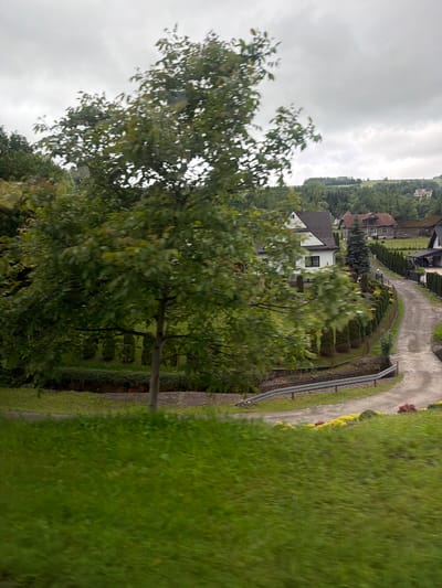 The image shows a rural scene in the village of Wilkowisko, Poland. A dirt road curves through the landscape, bordered by manicured hedges and a metal guardrail. Several houses with dark roofs are visible in the background, nestled amongst green trees and rolling hills under a cloudy sky. A large tree with green leaves dominates the foreground, its branches partially obscuring the view. The ground in the immediate foreground is covered with blurred green grass, suggesting movement.