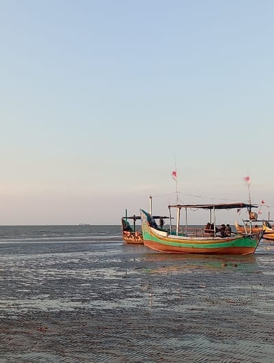 The scene depicts a coastal area in Tritunggal, Indonesia, at low tide, with multiple traditional Indonesian fishing boats grounded on wet, rippled mudflats. In the foreground, the exposed tidal flat shows textured patterns and reflections of the sky and boats. The primary subject is a vibrantly painted wooden boat, predominantly green and brown with yellow trim and blue and white ornate carvings on its bow. This boat features a flat canopy covering its deck. Approximately three to five individuals are seated under this canopy on the main boat's deck. Two thin masts, each bearing a small red flag, extend from this boat. To its left, another similar, darker-colored traditional boat is partially visible, also grounded. In the distant background, the calm sea is visible, with the faint silhouette of a large vessel on the horizon. The sky is clear, transitioning from pale blue overhead to a lighter hue near the horizon.