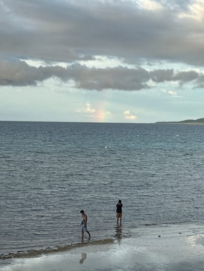 This image captures a coastal scene in Siquijor, Philippines, featuring an ocean and sky under mixed weather conditions. The upper two-thirds of the frame is occupied by a sky layered with dark, extensive cumulus clouds. Below these, a lighter blue sky is visible, interrupted by a distinct, albeit faint, rainbow arch positioned above the sea horizon, slightly to the left of the central axis. The ocean surface is calm, displaying ripples and several small, white, unidentified specks across its expanse. A low-lying landmass, appearing as a dark silhouette, is visible on the far right horizon. In the foreground, two male individuals are present in the shallow waters of the shoreline. The individual on the left is wading or walking to the right, facing downwards, wearing light-colored shorts and a patterned top. The individual on the right stands further out in the water, facing away from the camera, dressed in a dark t-shirt and light shorts, with his arms raised, possibly holding an object. Both individuals cast reflections on the wet, reflective shoreline.