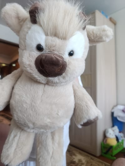 The image features a close-up of a tan-colored plush toy, resembling a calf or a young bull, with large, expressive eyes and brown accents on its horns, nose, and ears. The toy is held by someone whose hand is partially visible at the bottom left of the frame. The background suggests an indoor setting, likely a bedroom or living area, with a light-colored wardrobe or closet on the right. A small green toy stroller containing other plush toys is visible further in the background on the right, indicating a child's environment. The lighting appears to be natural daylight, possibly late morning or early afternoon, given the overall brightness of the scene. No text is visible in the image. The overall mood is playful and innocent, centered around the cuddly toy.