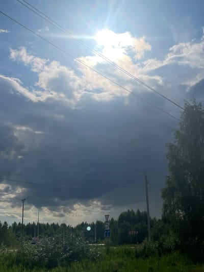 The image depicts a cloudy sky with bright sunlight breaking through from the upper left corner, casting lens flares. Power lines are visible stretching diagonally across the sky. In the middle ground, a dense forest borders a road. Various road signs are present, including a yield sign, a sign indicating a U-turn is permitted, and a sign with red chevrons indicating a sharp curve. A street lamp is positioned on the right side of the road, and a smaller pole with wires is visible on the left. In the foreground, lush green grass and foliage dominate the scene. The location is identified as Staroe Mikhailovskoe, Russia.