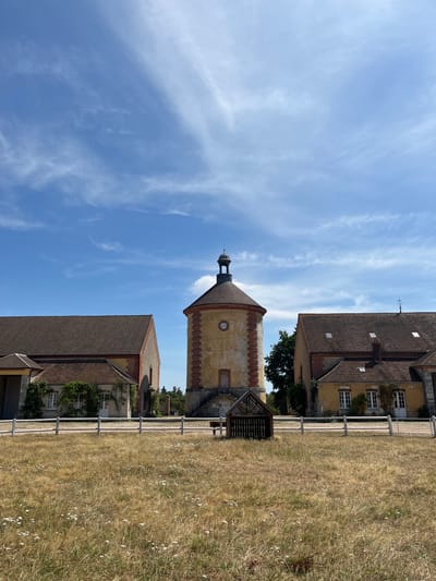 The image depicts the exterior of a historical building complex in Rambouillet, France, likely part of the Bergerie Nationale. In the center, a distinctive octagonal tower with a clock face and a small cupola stands between two long, connected buildings with reddish-brown tiled roofs. The tower is weathered, with exposed brickwork and a pale yellow facade. The surrounding area is a dry, grassy field dotted with small white flowers, separated from the buildings by a white railing fence. A small wooden structure, resembling a shelter or trough, is positioned in front of the fence. The sky above is blue with wispy white clouds, indicating a clear, sunny day. The architecture suggests a rural or agricultural setting, common for the Bergerie Nationale, known for its historical farm buildings and animal husbandry.
