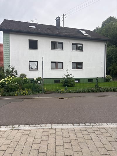 The image shows the exterior of a multi-story residential building in Giengen an der Brenz, Germany. The building is painted white with dark grey tiled roof and dark grey window frames. There are multiple windows on each floor. A green fence runs along the front of the property, enclosing a garden with various plants, including hydrangeas, grass, and ivy. A small evergreen tree stands in the front yard. A paved sidewalk and asphalt road are visible in the foreground. The sky is overcast. There are no people visible in the image.