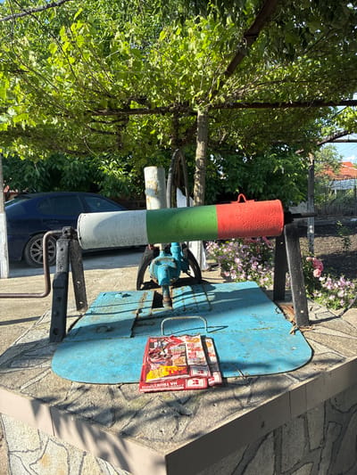 The image captures an outdoor scene in Radievo, Bulgaria, featuring a manually operated well or water pump in the foreground, painted in the colors of the Bulgarian flag (white, green, red). The pump mechanism, largely obscured, includes a blue metal base with visible rust and a dark, possibly cast-iron, support structure. A red folded flyer or advertisement, bearing the "Kaufland" logo and Cyrillic text, rests on the blue surface. A small, dark object, possibly a pair of spectacles or keys, lies on the flyer.

The well structure is positioned on a raised, grey-tiled platform with a textured, stone-like appearance. Strong sunlight casts distinct shadows across this platform and the pump.

In the mid-ground, a dense canopy of green grapevines or similar foliage extends overhead, supported by a metal framework, providing shade. To the left, a dark blue sedan (likely a Peugeot 407 model, identifiable by its wheel design) is parked on a paved area, partially visible behind the well. Further left, mature green trees form a backdrop. To the right, a garden bed features numerous pink flowering plants, likely roses, with tilled earth behind them. In the far background on the right, a portion of a building with a red-tiled roof is visible under a clear sky. No people are present in the frame.