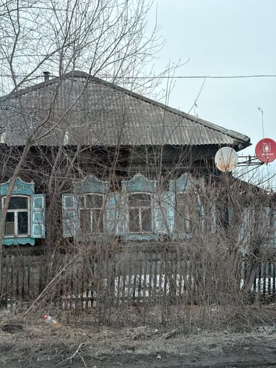 The scene depicts a weathered wooden house situated in Beloyarsky, Russia, under an overcast sky. The single-story structure features dark, possibly stained or aged wood siding and a corrugated asbestos cement roof with a visible chimney. Ornate light blue (cyan) window frames and shutters, some partially open, adorn the front facade. Paint is peeling from the window trim. Two satellite dishes are affixed to the house exterior; one is a plain white circular dish, and the other is a red dish branded "MTC TB" with text "BOC 250 0890" and "ТВ" visible.
Bare, leafless deciduous trees and dense, dry shrubbery partially obscure the house, foreground, and a weathered wooden picket fence that runs in front of the building. The ground in the immediate foreground consists of dark, disturbed earth or mud, interspersed with dry branches, twigs, and leaf litter. A single clear plastic bottle with an orange cap and label is lying horizontally on the ground amidst the debris in the lower left quadrant of the image. No individuals or specific actions are observed within the frame.