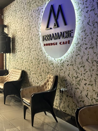 This is an indoor shot, likely in the evening, of a cafe called "TERRAMADRE LOUNGE CAFE." The cafe has a unique aesthetic with a botanical-themed wallpaper featuring birds and greenery covering the ceiling.

The focal point is a circular sign with the cafe's name, illuminated with a blue light. The "W" logo of the cafe is prominently displayed on the left side of the sign, in a dark color with a shadowed effect.

The scene also includes modern black chairs with quilted, cream-colored seats. The chairs are sleek and contemporary, contrasting with the traditional wallpaper. Some electrical outlets and cords are visible on the ceiling, suggesting the cafe is functional and possibly recently set up or under renovation.

The lighting appears to be a mix of ambient and task lighting, creating a somewhat dramatic and intimate atmosphere. The overall impression is a stylish and cozy lounge environment.