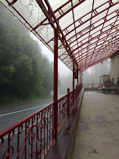 The image depicts a covered outdoor walkway with a red metal railing and a transparent roof supported by red metal beams. The walkway is paved with large, irregularly shaped stone tiles. To the left of the walkway, a paved road with a white line runs alongside a dense forest partially obscured by fog. In the background, a building with a light-colored facade and windows is visible, along with an outdoor swing set and a wooden table with chairs. The environment suggests a cool, possibly damp, or foggy climate. The location is identified as Verkhnii Tsei, Russia.