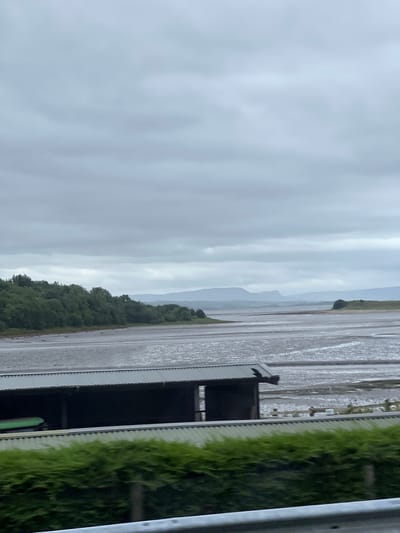 The image depicts a broad, flat expanse of mudflats under an overcast sky, with a distant line of hills fading into the haze. In the foreground, a dark, corrugated-roofed structure, possibly a barn or shed, runs horizontally across the frame. Partially visible within the structure is a bright green object, perhaps a piece of machinery or equipment. A dense hedge of green foliage runs along the bottom edge of the image, separating the viewer from the structure. The overall scene suggests a coastal or estuarine environment, likely during low tide, with a muted, diffused light from the cloudy conditions. There are no people visible in the image. The location is described as Tullycullion, Ireland.