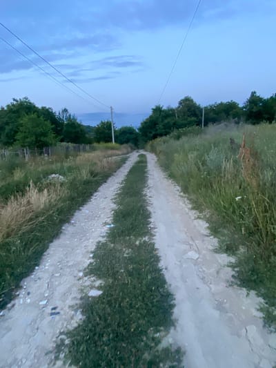 The image depicts a dirt road stretching into the distance, flanked by tall grass and trees. The sky above is a twilight blue with scattered clouds. Two power lines run diagonally across the frame, supported by utility poles visible in the background. The road surface is a mixture of dirt and gravel, with patches of green grass growing through it. The overall scene suggests a rural or semi-rural setting. The specific location within Horodca, Moldova, cannot be determined from the visual information alone. There are no people or active subjects visible in the image.