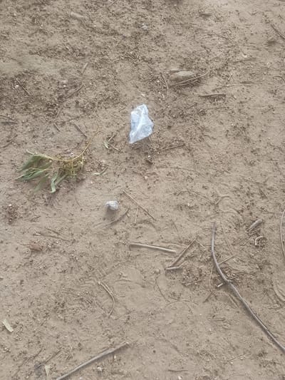 The image shows a dry, sandy ground with scattered debris in Majemu, Nigeria. The debris includes small twigs, dried leaves, pebbles, and a piece of crumpled white plastic. There is also a small cluster of green leaves with stems. The ground appears to be a natural surface, possibly a dirt path or an undeveloped area. No people or animals are visible in the image.
