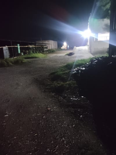 The image depicts an outdoor scene at night, likely in an industrial or agricultural area, possibly on the outskirts of Dangir, Uzbekistan. A bright artificial light source, possibly a floodlight or street lamp, illuminates a large portion of the scene from the right side, casting long shadows and creating lens flare.
In the background, a long, low-slung building or structure with a corrugated metal roof is visible, partially obscured by the glare. To its left, another building, possibly a shed or storage facility, with a concrete facade, is present. Further to the left, a fence or barrier runs horizontally across the frame. Behind this fence, there appears to be vegetation or some form of agricultural planting, possibly greenhouses or covered crops.
The foreground consists of a dirt or gravel path leading into the scene. Patches of grass are visible along the sides of the path, some appearing overgrown. On the right side of the foreground, a dark pile of debris or refuse is present, some of which is shiny, suggesting it might be plastic or metal. The overall lighting conditions suggest it is nighttime, with the artificial light being the primary source of illumination. No people are clearly visible in the image.