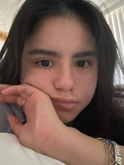 A young female individual is depicted in a close-up, head-and-shoulders indoor portrait. She possesses long, dark hair, a light-to-medium skin tone with visible freckles across her nose and cheeks, dark eyes, and full lips. Her right hand is raised, with the palm supporting the right side of her face, specifically resting her chin and lower cheek. A thin, plain gold-colored ring is present on the ring finger of her right hand. On her left wrist, multiple bracelets are visible, including a silver-colored chain and a bracelet featuring heart-shaped links. She is attired in a light blue garment. The subject gazes directly towards the camera with a neutral expression. The background is out of focus, with vertical white blinds discernible on the right side, consistent with an interior setting containing a window. The specific location within Santiago, Mexico, cannot be determined from the visual content of the image.