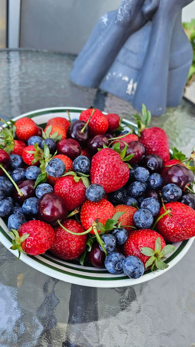 A white ceramic bowl with two thin green stripes around its rim is filled to capacity with a mixture of fresh red strawberries, dark blue blueberries, and dark red cherries. The strawberries vary in size, displaying visible seeds and attached green leafy caps or stems. The blueberries are round and deep blue, some exhibiting a slight whitish bloom. The cherries are a rich dark red to purple hue, with several retaining their slender green stems. The bowl rests on a clear, textured glass table surface, which reflects ambient light. The texture visible through the glass suggests an underlying woven or mesh pattern, typical of outdoor patio furniture. The background is out-of-focus, revealing a blurry light-grey vertical surface to the upper left and a larger, abstract, blue-grey sculptural object with textured patches to the upper right, behind which indistinct green foliage is visible. The scene is brightly illuminated by natural light, indicating an outdoor daytime setting. No people are present. Based on the provided information, the location is in Slengiai, Lithuania.