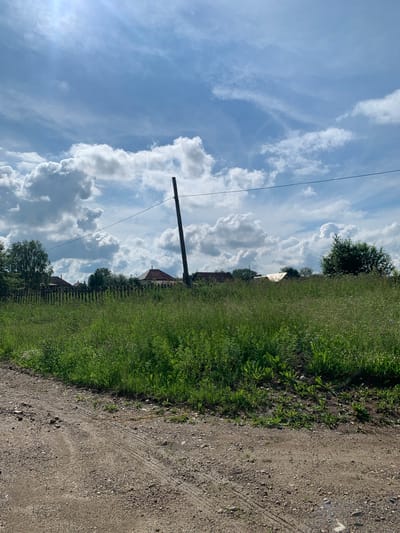 The image depicts a rural scene under a bright, partly cloudy sky. In the foreground, a dirt road with tire tracks leads away from the viewer and curves to the left. Adjacent to the road is a dense field of tall green grass and various wildflowers. In the midground, a wooden fence runs horizontally across the frame, separating the field from a collection of houses with reddish-brown roofs. Trees are visible behind the fence and between the houses. A solitary wooden utility pole stands vertically in the right-center of the image, with a power line stretching horizontally across the upper portion of the frame. The overall environment suggests a summery day in a village or countryside location. The location is identified as Barsai, Russia. There are no people or animals visible in the image.