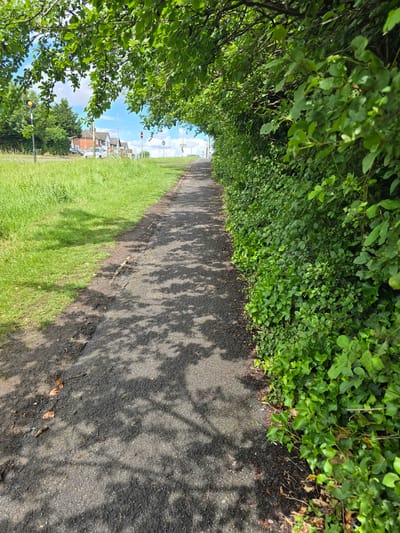 The image depicts a paved pathway running alongside a dense, leafy green hedge on the right, with a grassy verge on the left. The pathway is partially covered by dappled shadows cast by overhead trees, whose branches and leaves are visible in the upper portion of the frame. In the distance, along the left side of the path, is a road with houses and trees visible, suggesting a suburban or residential area. There are traffic lights and road signs visible in the background. The sky is blue with scattered clouds, indicating fair weather. The overall scene is one of a pleasant, sunlit path through a green environment. The specific location is St. Augustine's Way, Leicester, United Kingdom.