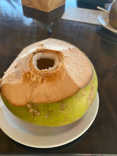 A green coconut sits on a white plate against a dark, possibly wooden surface. The top of the coconut has been cut off, revealing the fibrous husk and a hole that likely leads to the coconut water inside. The cut portion of the coconut shows a light brown, coarse texture. A menu card is partially visible in the background.