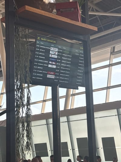 The image shows a departure board, likely in an airport. The board displays flight information including planned departure time, airport destination, airline, flight number, and current status. The status for all flights listed shows "Waiting for check-in." The destinations listed include Shanghai (Pudong), Antalya, Hurghada, Sharm el Sheikh, Medina, Istanbul (Havalin), and Dushanbe. The time on the board reads 18:30. The departure board is framed and adorned with some sort of plant life. There are vague figures of several people in the background. The photograph may have been taken in Bol'shie Kabany, Russia.