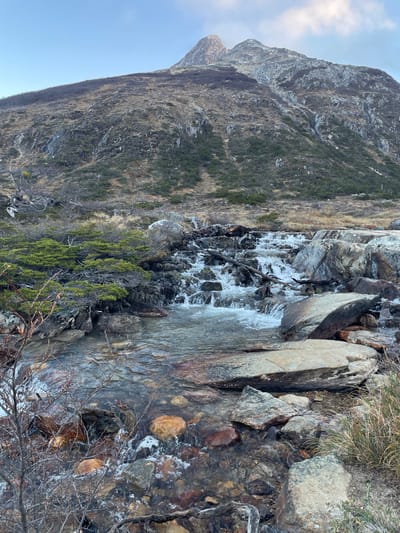 The image depicts a landscape dominated by a mountain on the left side and a stream cascading down a rocky slope on the right. The mountain appears rugged with visible rock formations and sparse vegetation. The stream consists of water flowing over and between rocks of varying sizes, with some areas showing signs of ice or frost. Green bushes are visible on the side of the stream. The sky is visible in the upper left corner and appears light blue. The image is taken from a perspective that emphasizes the verticality of the mountain and the stream.
The scene is likely in a mountainous area. The city name is unknown. The country is Argentina.