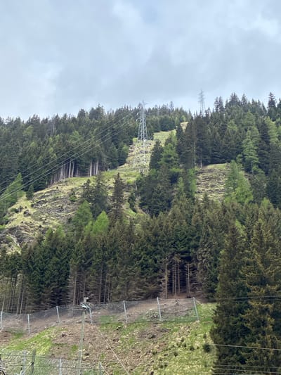 The image shows a forested mountainside in Brenner - Brennero, Italy. Power lines and towers are visible running up the slope. A chain-link fence parallels the path of the power lines on the right side of the frame. The sky is overcast. The hillside is densely covered with coniferous trees, with some patches of exposed rock and grassy areas.