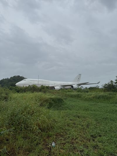 In Pak Nam Pran, Thailand, a decommissioned white Boeing 747 airplane rests abandoned in a grassy field. The aircraft is surrounded by lush green vegetation, with trees and a hill visible in the background under a cloudy sky. Several small birds can be seen flying in formation against the overcast sky. The scene suggests a state of disuse and natural reclamation.