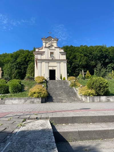The image depicts a small, light-colored church with a cross on its roof, situated in Vynnyky, Ukraine. The church is accessed via a wide, stone staircase, which is flanked by manicured bushes and a concrete retaining wall. In the background, a dense forest of green trees forms a natural backdrop. The sky above is a clear, vibrant blue with a few wispy clouds. To the right of the stairs, a rustic wooden cross stands amidst the greenery. The foreground shows a paved walkway with red and gray paving stones, and a lower set of concrete steps. The overall scene suggests a serene and well-maintained religious site.