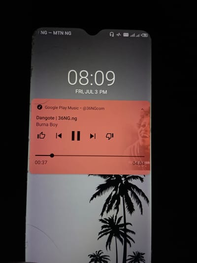 The image shows a smartphone displaying a lock screen with the time "08:09" and the date "FRI, JUL 3 PM". A music player interface is visible, showing the song "Dangote" by Burna Boy, playing from Google Play Music. The playback progress indicates 00:37 seconds have passed and the total duration is 04:04. The top of the screen shows network information, including "NG - MTN NG", TTY icon, signal strength bars, and "79". The phone is resting against a dark background, with a silhouette of palm trees visible on the lower part of the screen, suggesting a tropical or beach-themed wallpaper. The image does not provide any information about the location being Edopa, Nigeria.