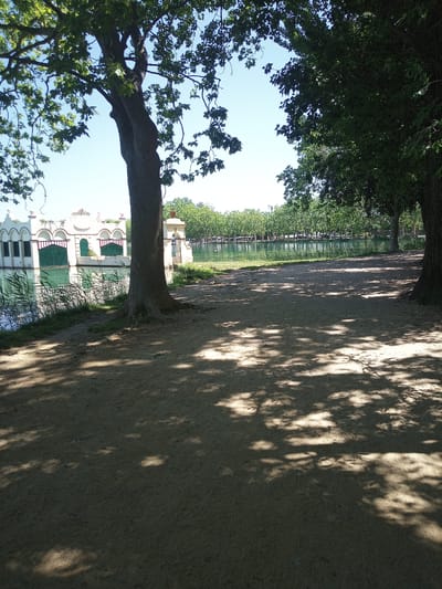 This media file captures a tranquil outdoor scene with a large tree in the foreground casting dappled shadows across a sandy path. To the left, a picturesque white building with arched openings and green shutters stands beside a calm body of water, likely a lake or pond. The building's architecture suggests a historical or ornamental purpose, possibly a boathouse or a pavilion.

Beyond the building, a line of trees stretches along the water's edge, reflecting in the water and creating a sense of depth and serenity. The sky is clear and bright, indicating a sunny day, likely during the daytime. The overall atmosphere is peaceful and inviting, suggesting a leisurely stroll or a moment of quiet contemplation in a park-like setting.

The location is identified as Banyoles, Spain. While no people are directly visible, the presence of the path and the building implies that it is a place frequented by visitors. The lush greenery and the clear water contribute to a natural and idyllic environment. The play of light and shadow from the tree adds a dynamic element to the static scene, highlighting the beauty of the natural surroundings and the architectural features. There is no visible text in the image.