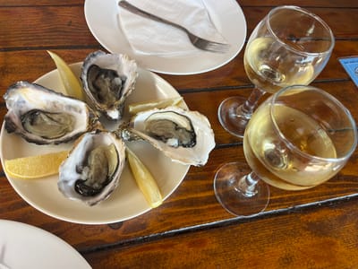 The image shows a close-up, high-angle shot of a table setting at what appears to be an outdoor restaurant in Donji Orahovac, Montenegro. The table is made of dark, weathered wood. On the table, there is a cream-colored plate with four fresh oysters, each garnished with a wedge of lemon. The oysters are plump and glistening, presented in their shells. Next to the oyster plate is a white plate with a folded white napkin and a silver fork. To the right of the oysters, two stemmed wine glasses filled with pale yellow liquid, presumably white wine, are visible. The lighting suggests it is daytime, possibly late afternoon, with natural light illuminating the scene. The background is blurred, but hints of greenery and possibly other tables suggest an outdoor dining area. A small blue and white card with some text is partially visible in the lower right corner of the frame. The overall impression is a relaxed meal, likely with a focus on seafood and wine.