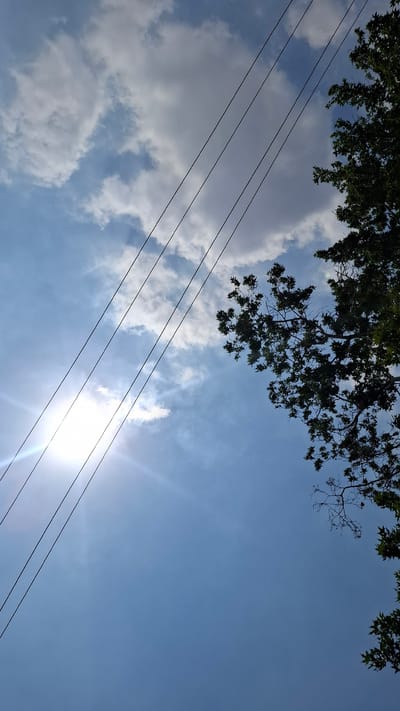 This media file is a photograph looking up at a blue sky with scattered clouds. Several dark power lines are strung diagonally across the frame. The branches and leaves of a tree are visible in the upper left corner. The sun is shining brightly, creating a lens flare in the lower right quadrant of the image. The bright sunlight suggests it is daytime, likely midday given the position of the sun. The presence of clouds indicates partly cloudy weather. The power lines and the tree suggest an outdoor, possibly semi-urban or rural setting. There is no visible text in the image.